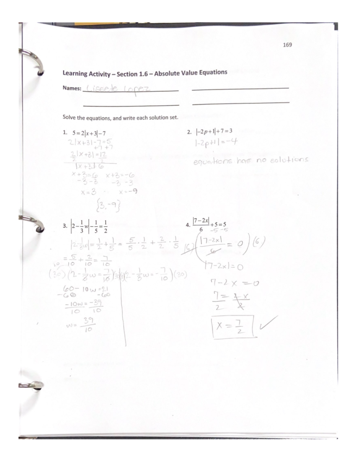 Learning Activity - Section 1.6 - Absolute Value Equations - MAC1105 ...