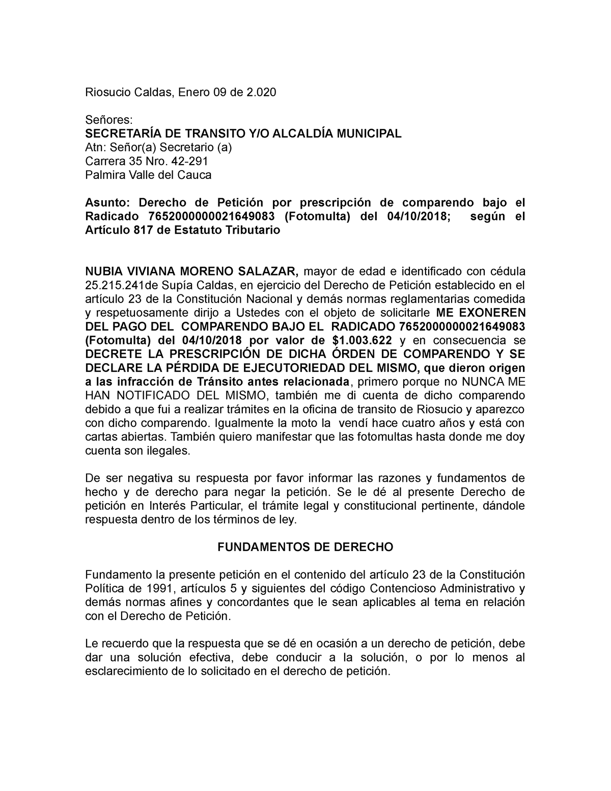 Derecho DE Petición 005-2020 Nubia Viviana Moreno Salazar ( Transito ...