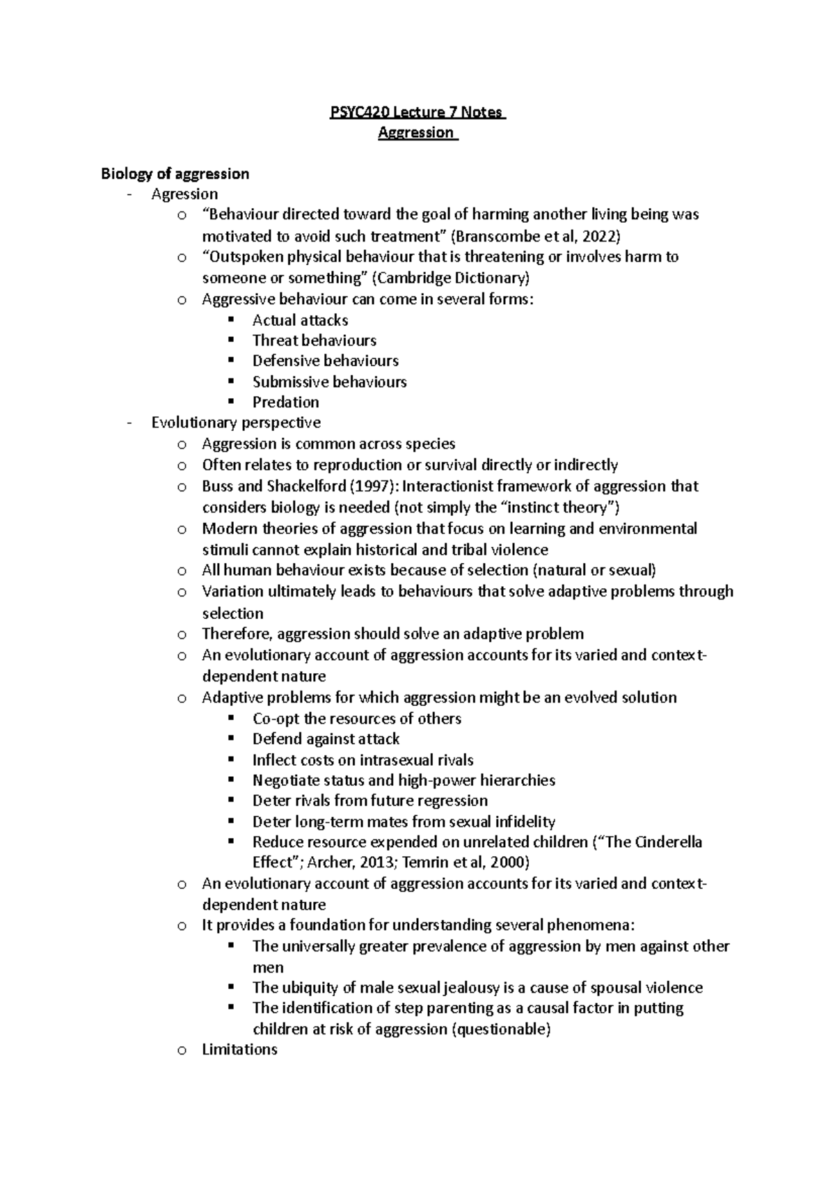 PSYC420 Lecture 7 Notes (SP) - PSYC420 Lecture 7 Notes Aggression ...