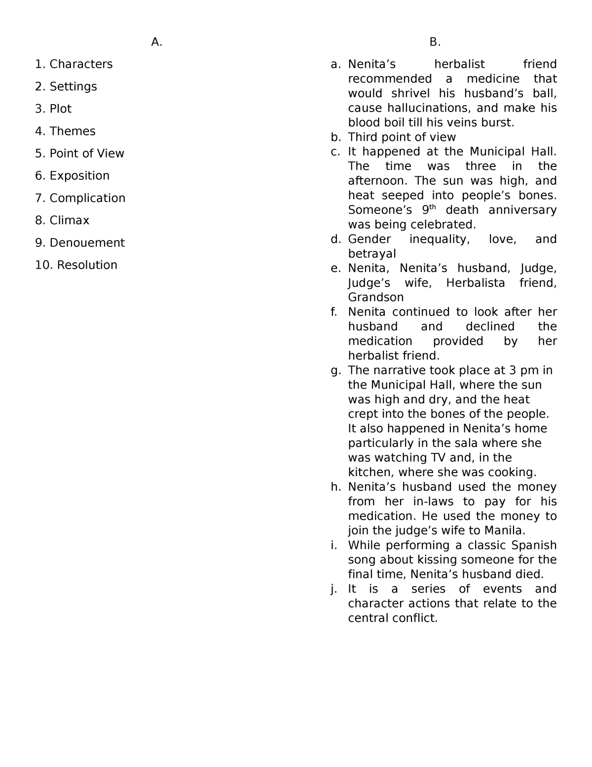 Act - Activity On Identifying The Elements Of A Short Story - A 