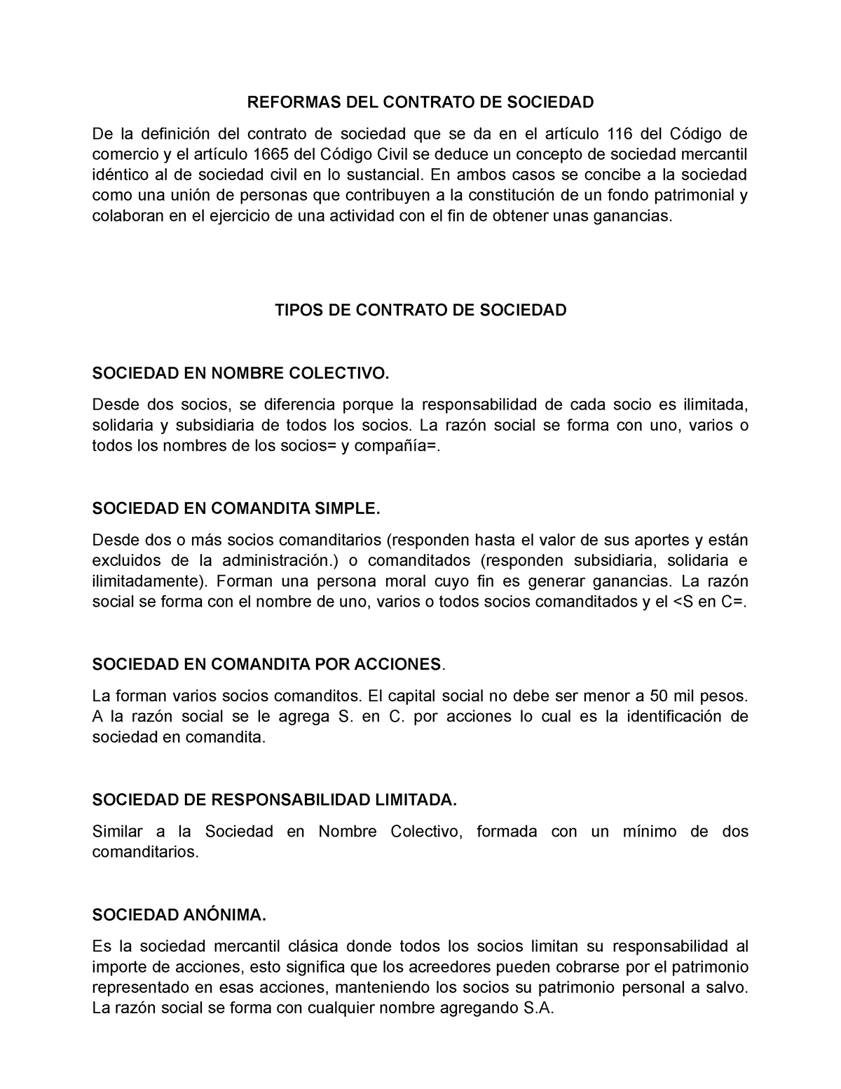 Tipos DE Contrato DE Sociedad - REFORMAS DEL CONTRATO DE SOCIEDAD De La ...