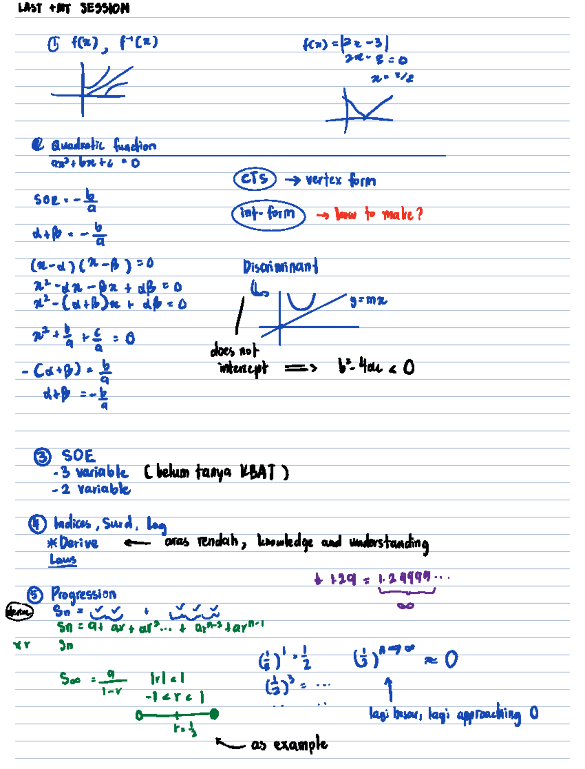 Note 20 Feb 2024 - Math notes - LAST SESSION I f(x), f(n) 2 Quadratic ...