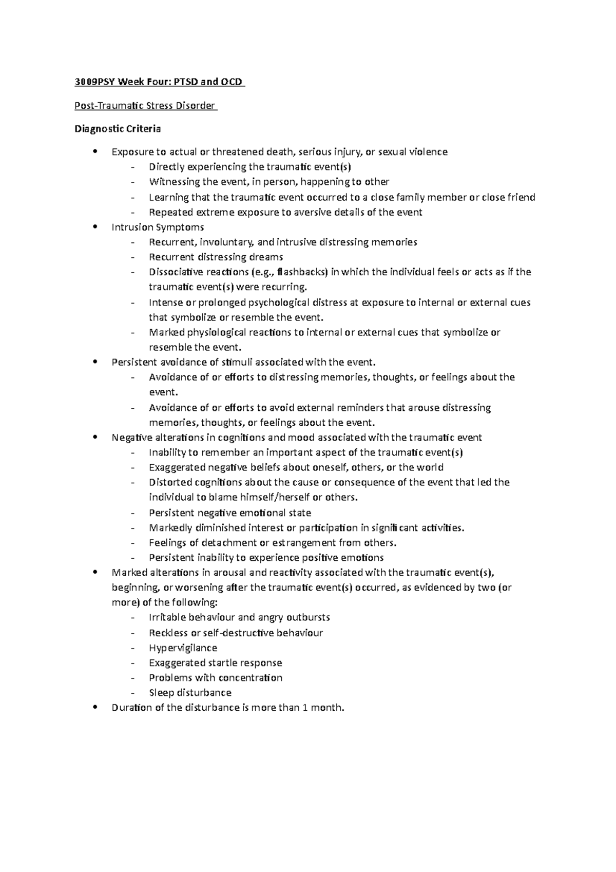 3009PSY Week Four - Lecture notes - 3009PSY Week Four: PTSD and OCD ...
