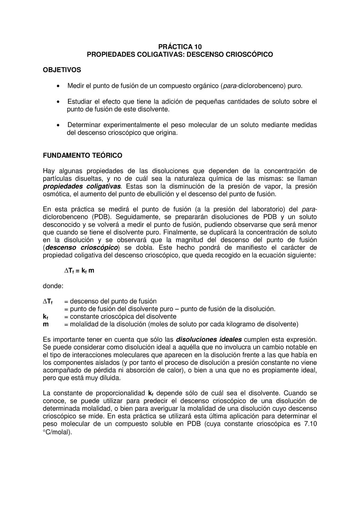 Practica 10 - Práctica de descenso crioscopico - PRÁCTICA 10 ...