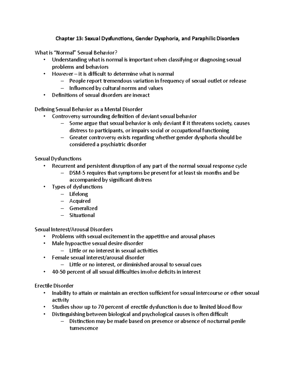 Chapter 13 Notes - Chapter 13: Sexual Dysfunctions, Gender Dysphoria ...