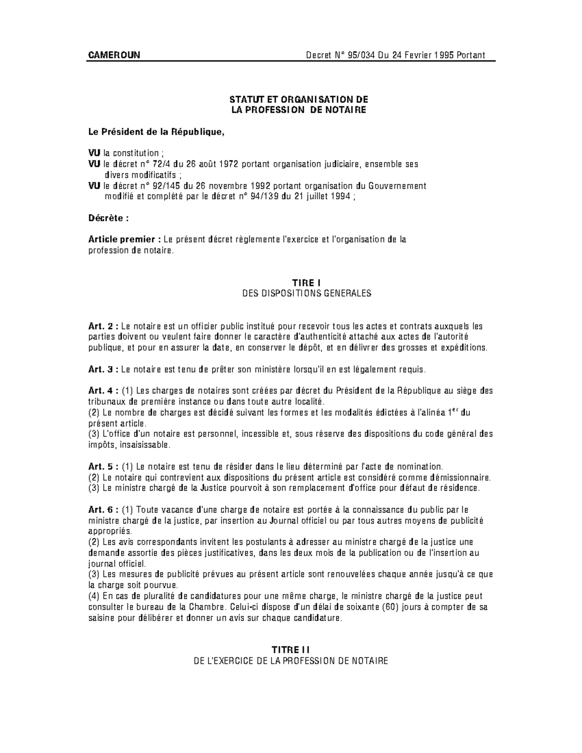 Statut et organisation de la profession de notaire au Cameroun ...