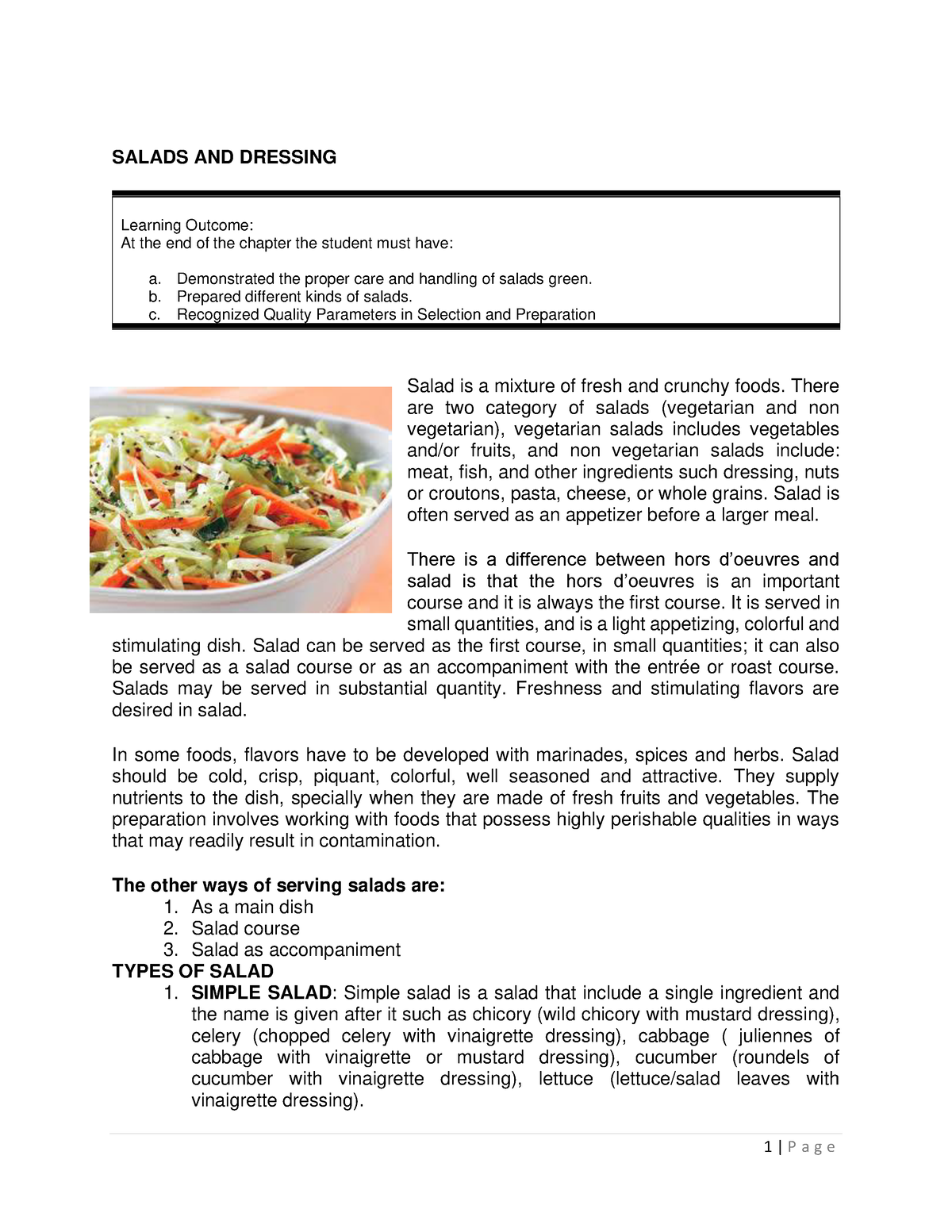 Chapter 6- Salads - Anonymous - SALADS AND DRESSING Learning Outcome ...