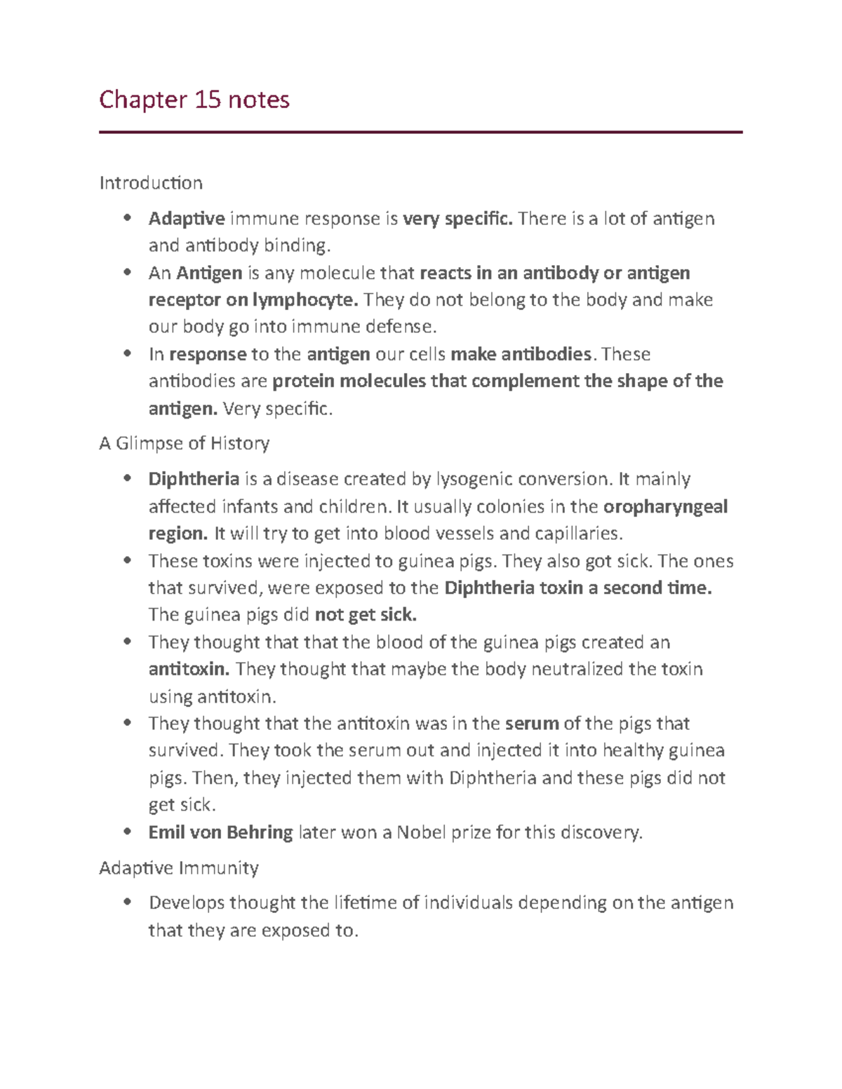 Chapter 15 notes Chapter 15 notes Introduction Adaptive immune response is very specific