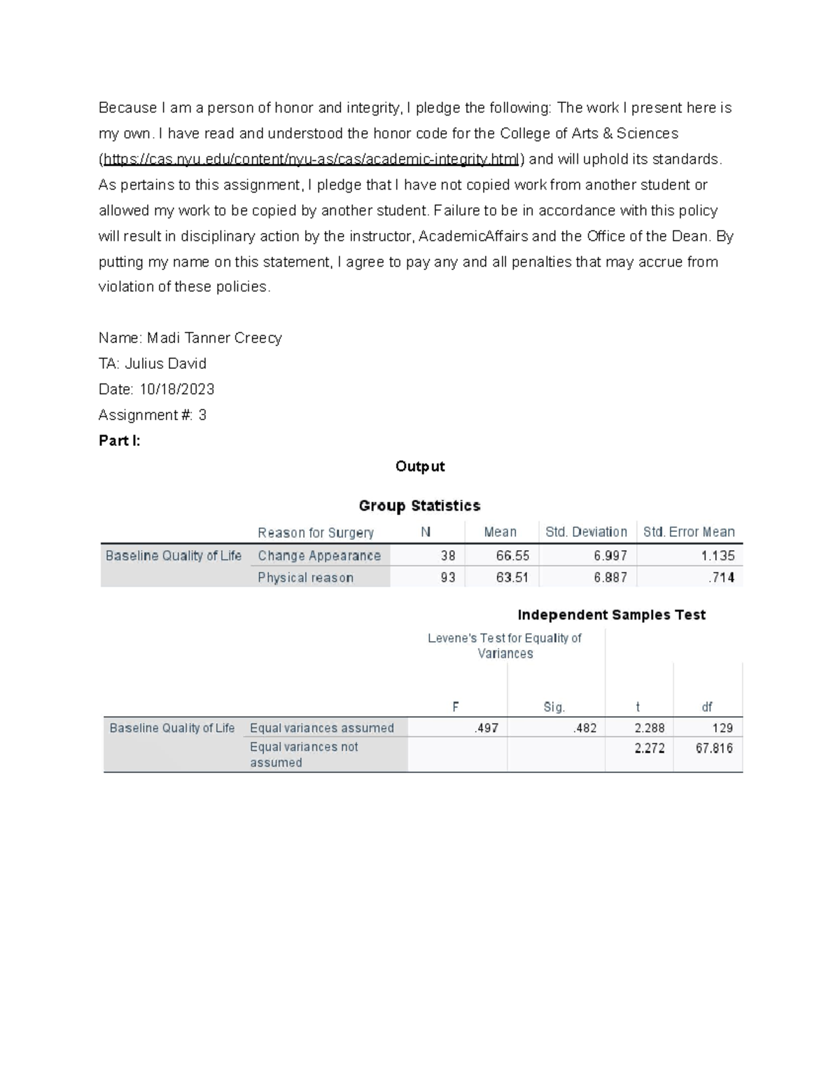 SPSS Assignment 3 - SPSS 3 - Because I am a person of honor and ...