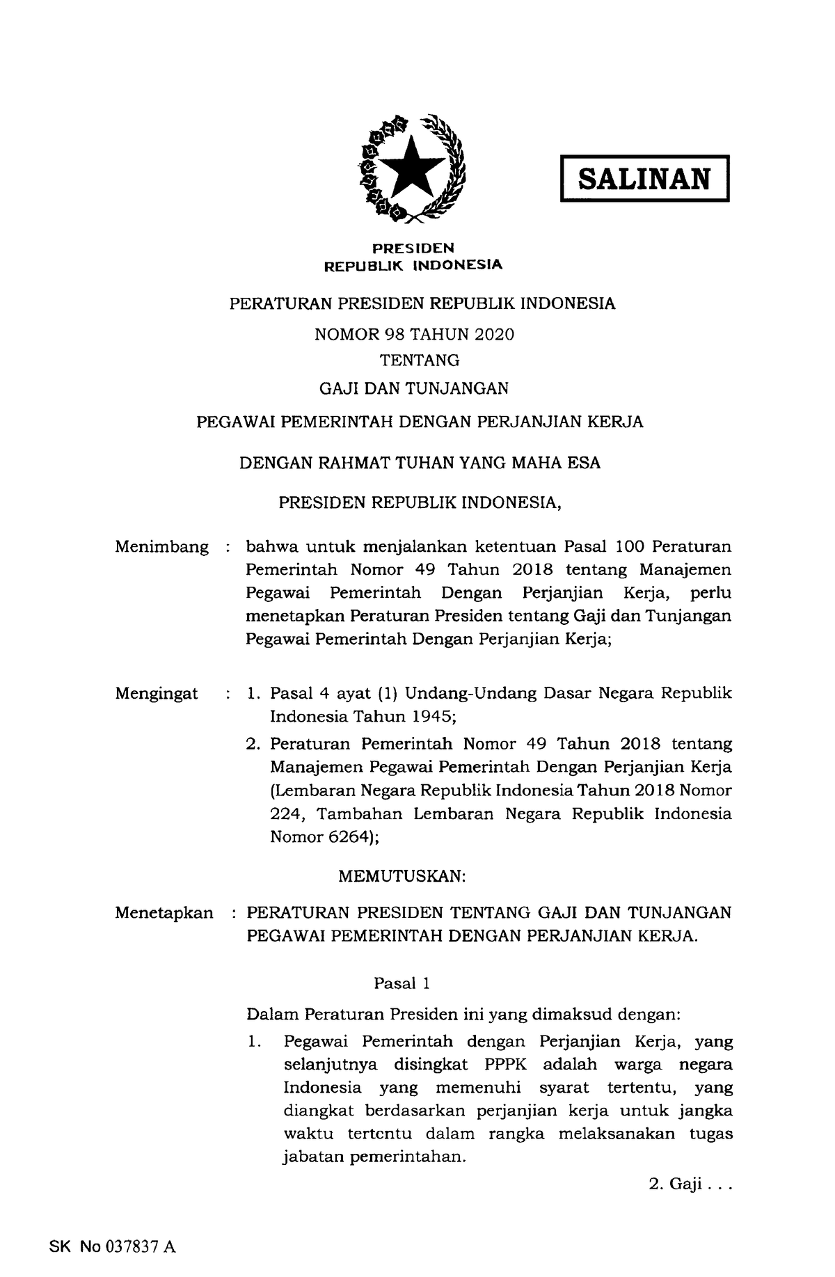 Perpres Nomor 98 Tahun 2020 - SALINAN PRESIDEN REPUBLIK INDONESIA ...