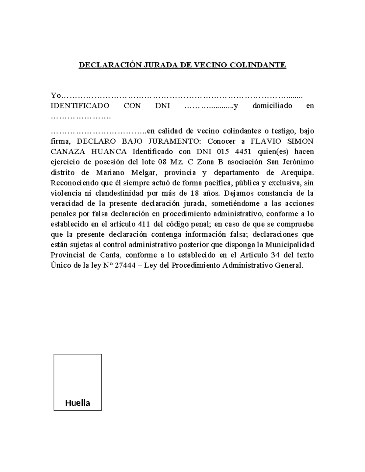 Declaración Jurada DE Vecino Colindante - DECLARACIÓN JURADA DE VECINO ...