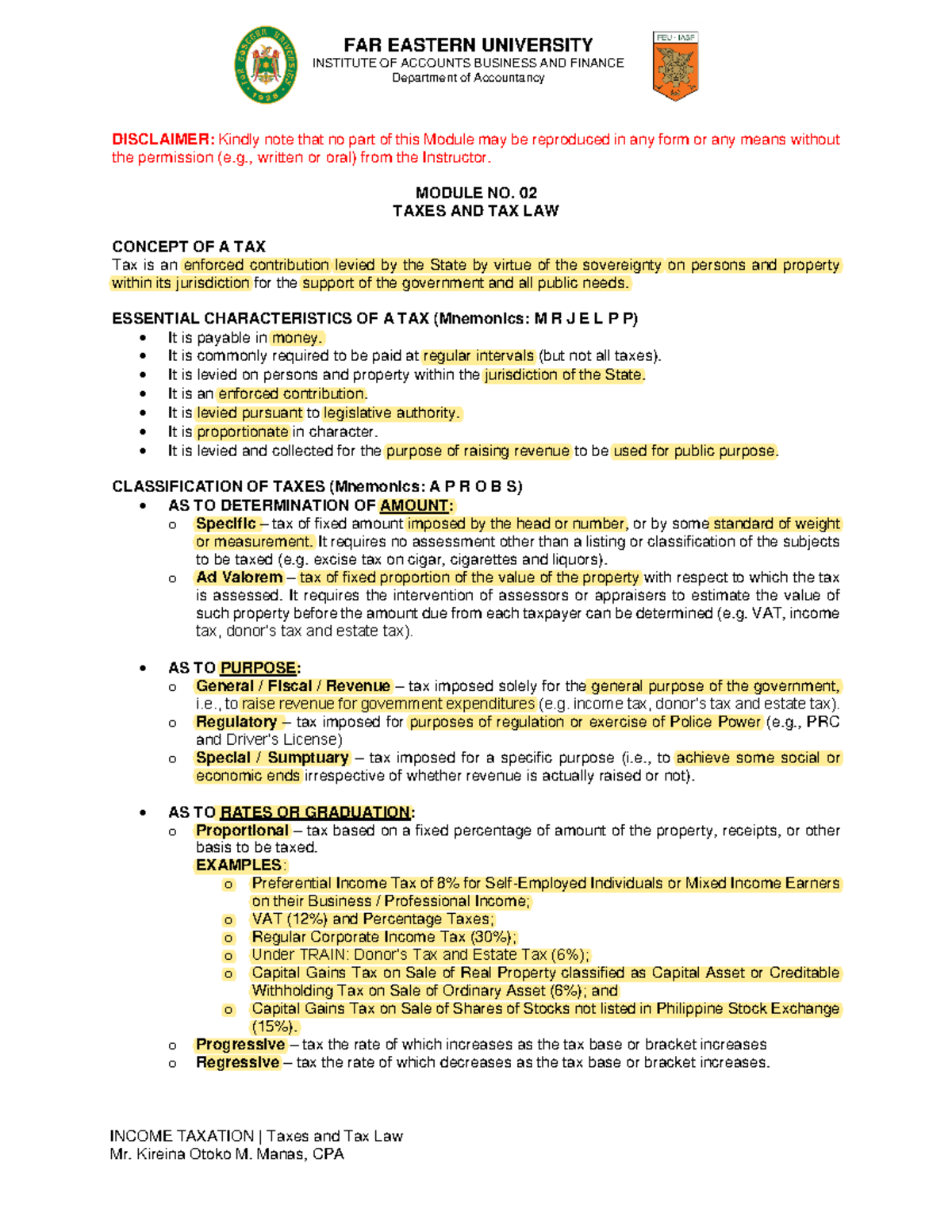 2nd Semester Income Taxation Module 2 Taxes, and Tax Laws - INSTITUTE ...
