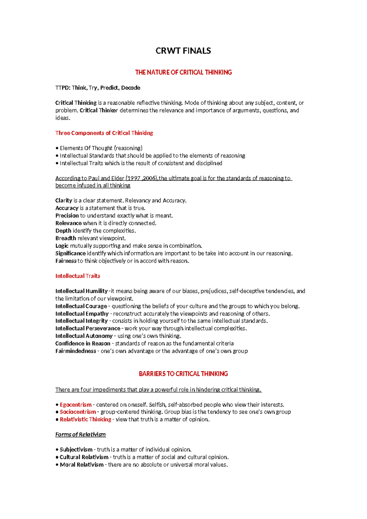 CRWT Finals - Reviewer - CRWT FINALS THE NATURE OF CRITICAL THINKING ...