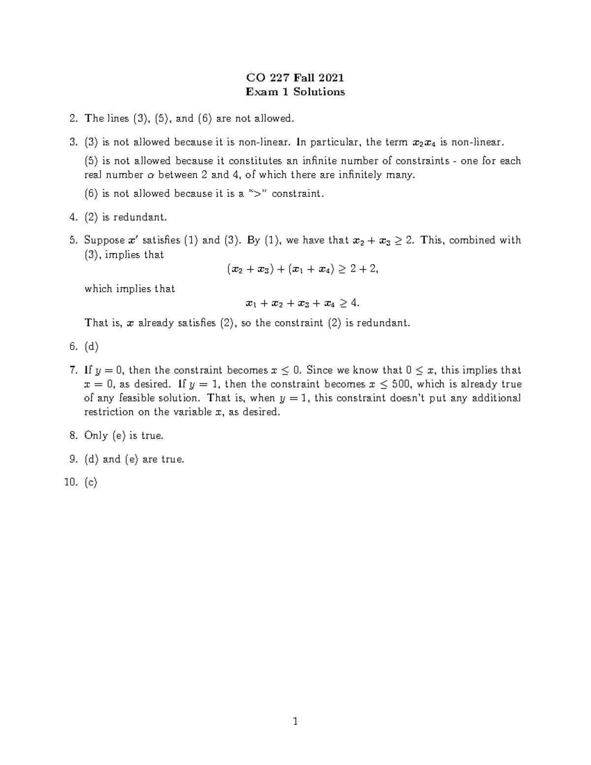 University of Waterloo 2021 CO227- WEEKLY ASSIGNMENT.CO227 Exam1 ...