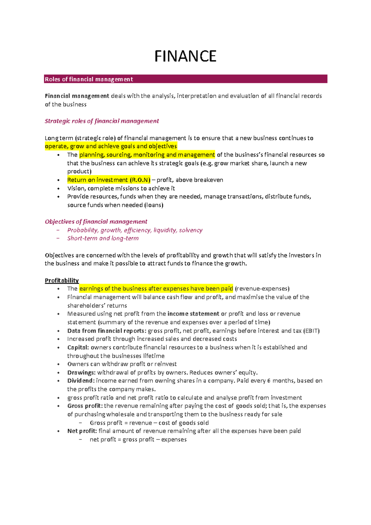 FInance notes - 1st Year - FINANCE Roles of financial management ...