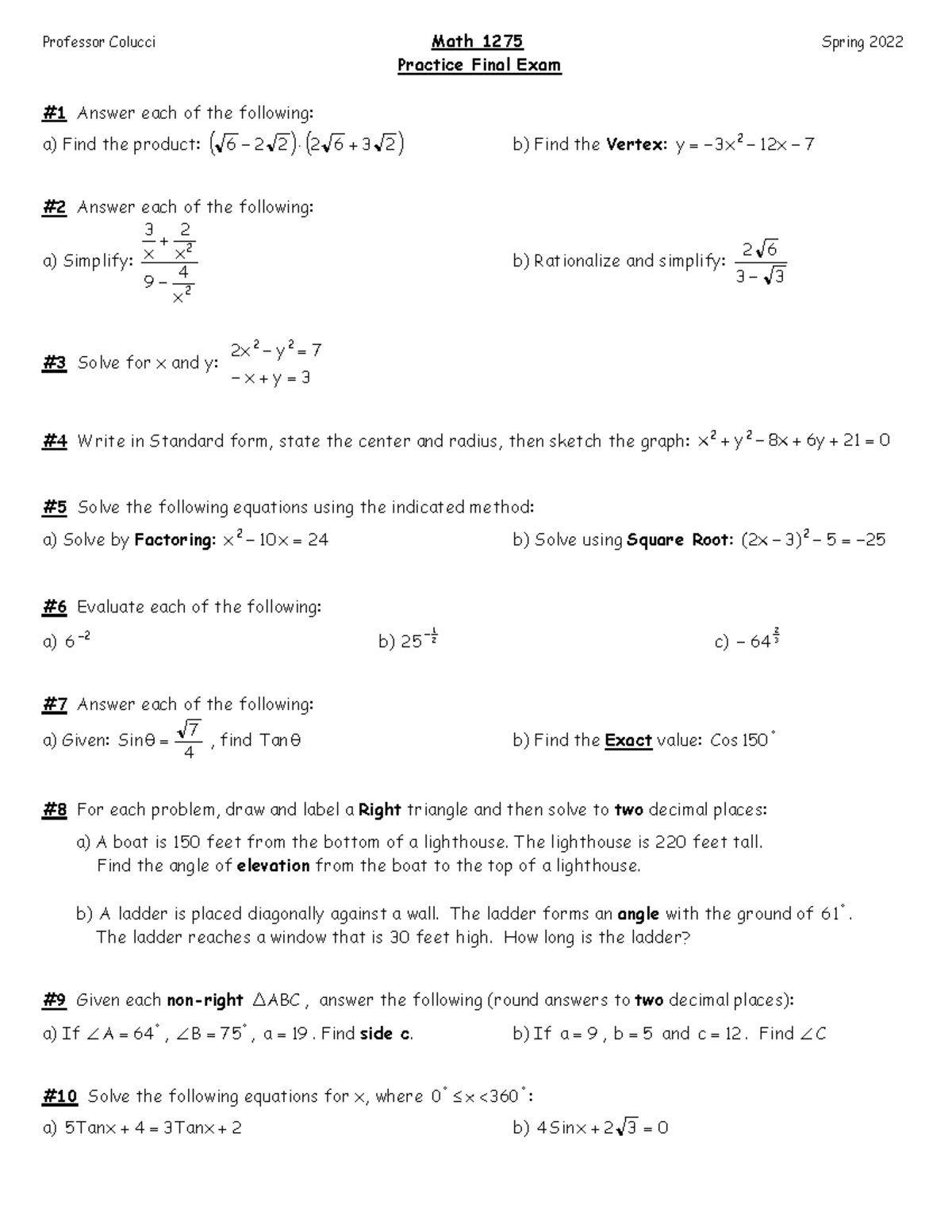 Practice Final - Professor Colucci Math 1275 Spring 2022 Practice Final ...