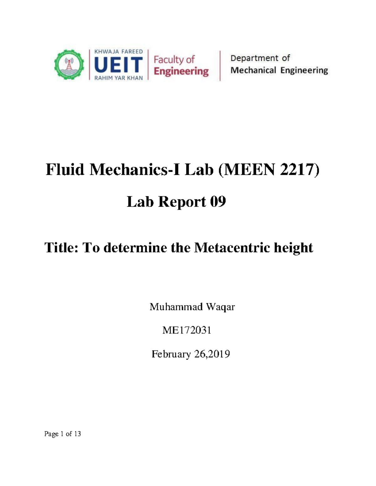 09 Waqar - Fluid Mechanics-I Lab (MEEN 2217) Lab Report 09 Title: To ...
