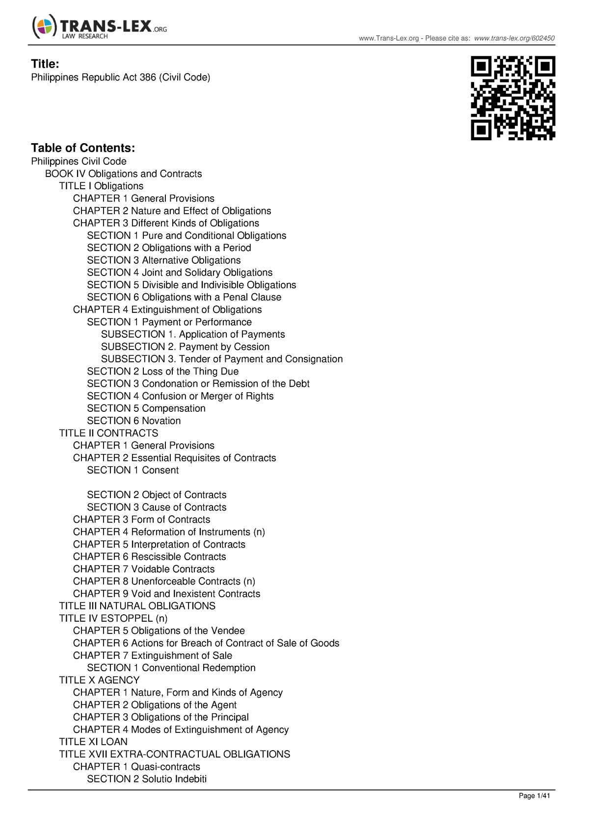 Trans Lex Document 602450 - Title: Philippines Republic Act 386 (Civil ...