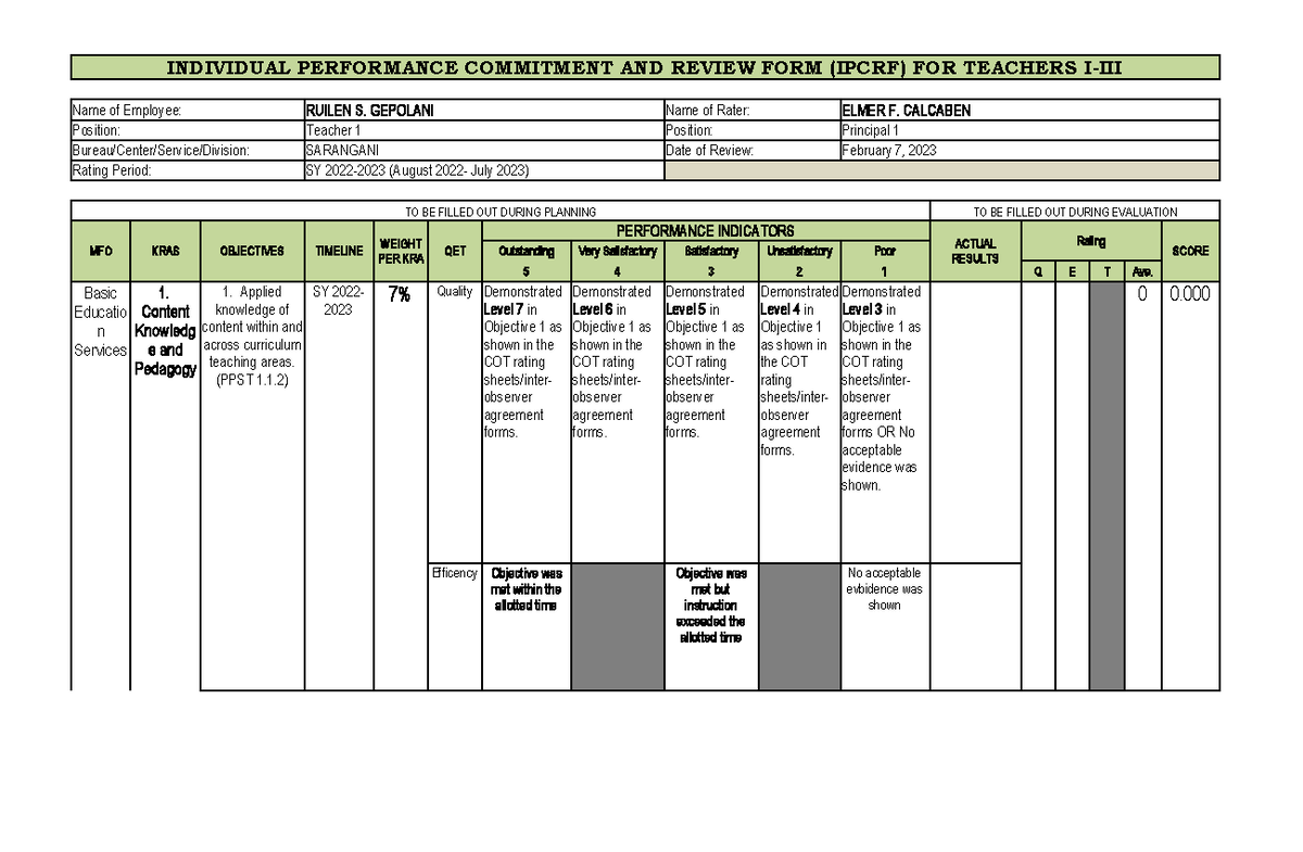 625167219 New Ipcrf 2022 2023 Template - INDIVIDUAL PERFORMANCE ...