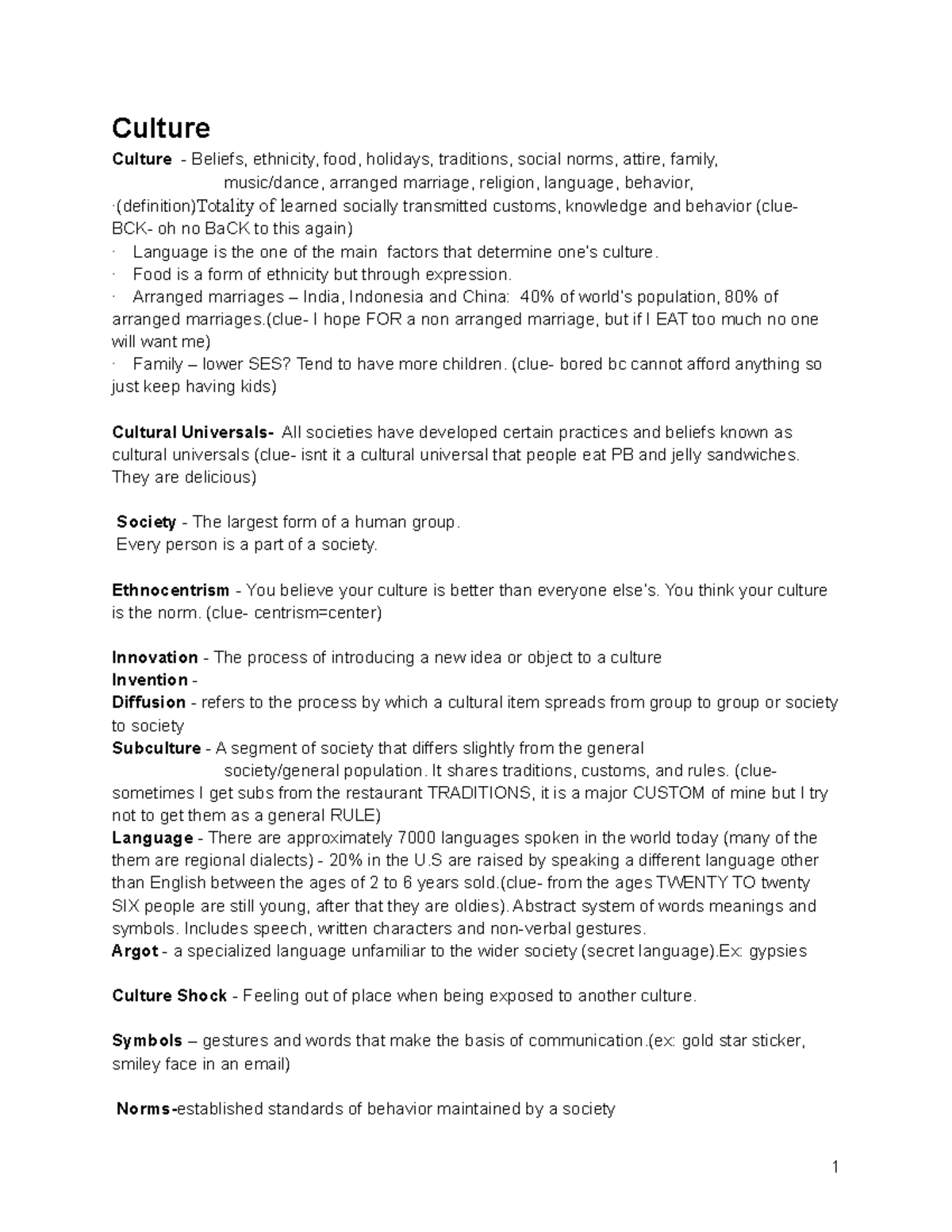 Sociology Test 2 Notes - Culture Culture - Beliefs, ethnicity, food ...