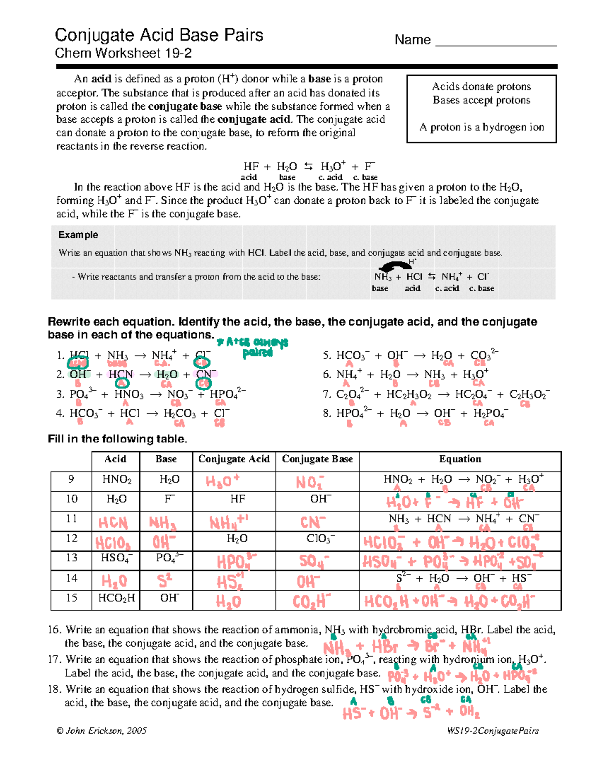 Conjugate Acid Base Pairs Worksheet © John Erickson 2005 WS19