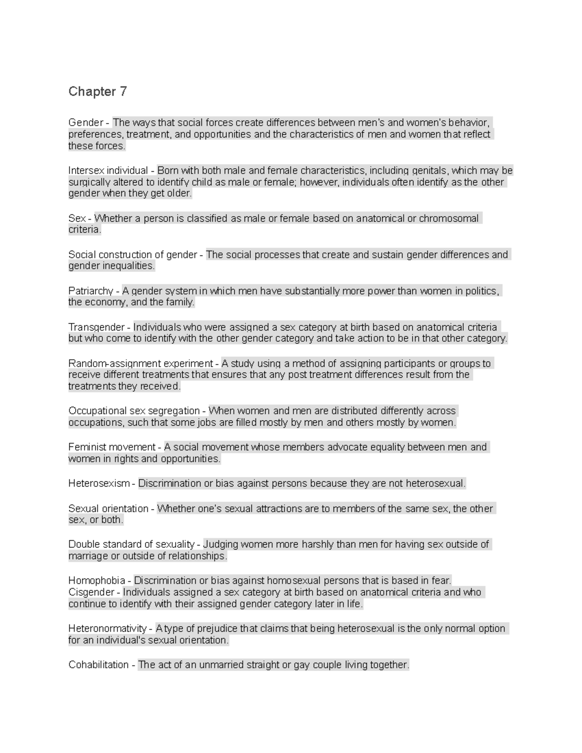 Sociology Chapter 7 Vocab - Chapter 7 Gender - The ways that social ...