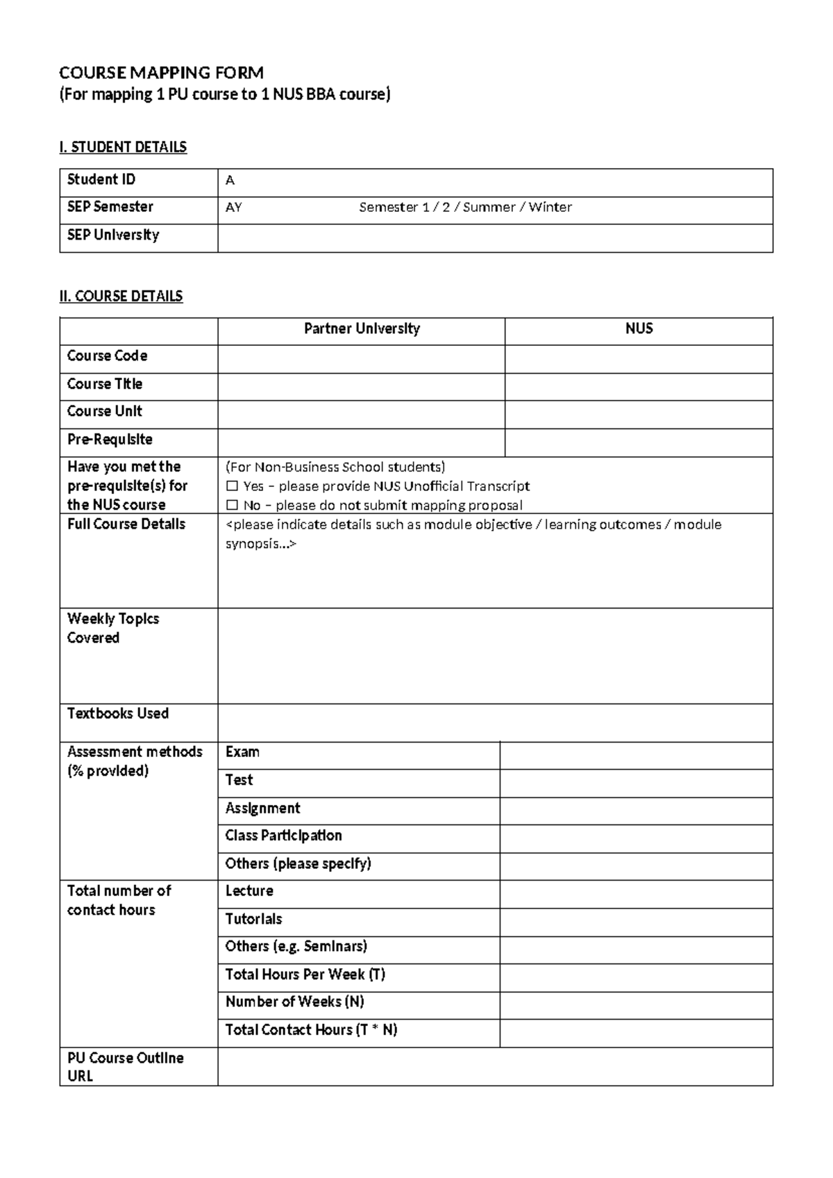 Template Course Mapping BBA (1-to-1) 2023 - COURSE MAPPING FORM (For ...