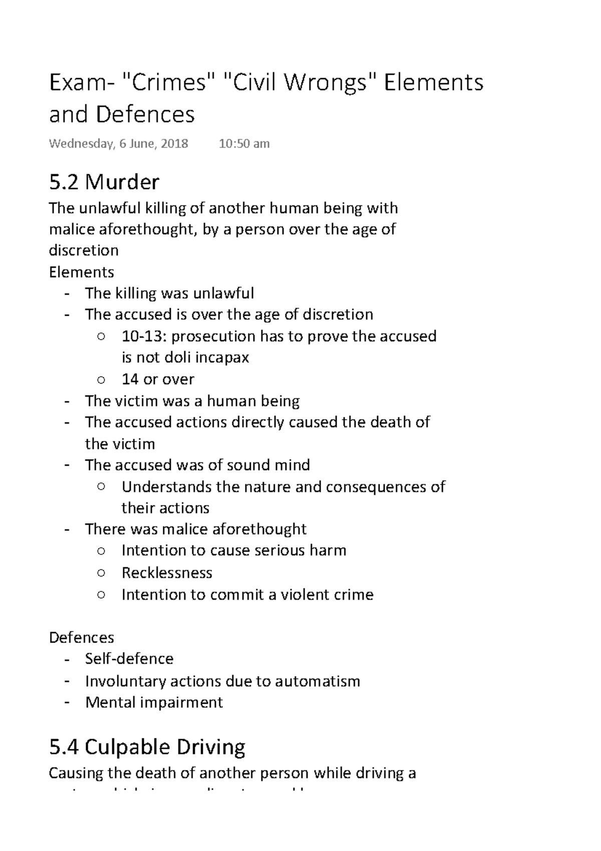 Legal Studies Exam Notes- Crimes Civil Wrongs Elements And Defences - 5 ...