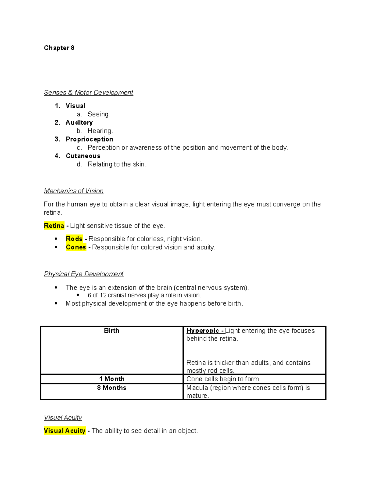 PET 175 Chapter 8 Notes WVU - Chapter 8 Senses & Motor Development ...