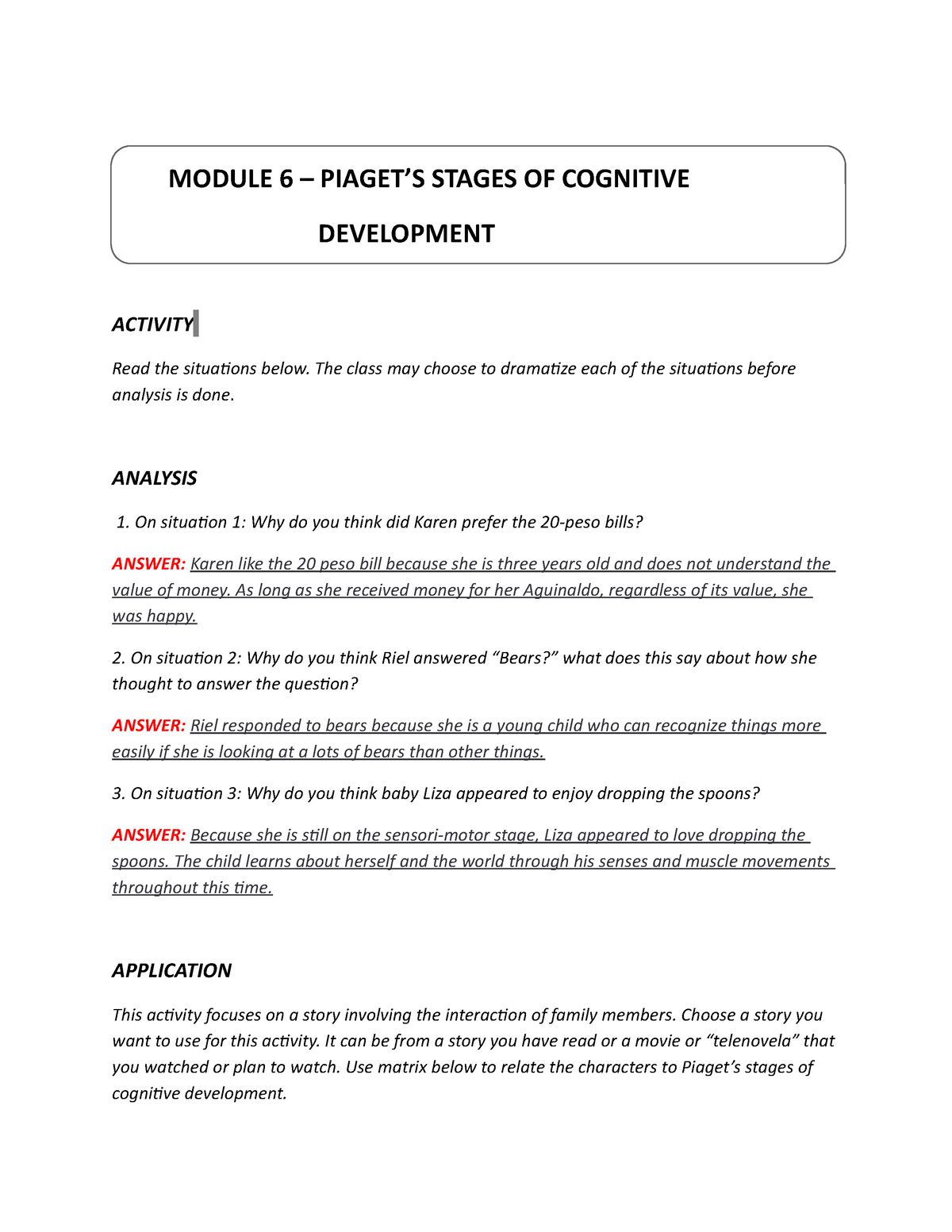 Application of the stages 2025 of cognitive development worksheet answers