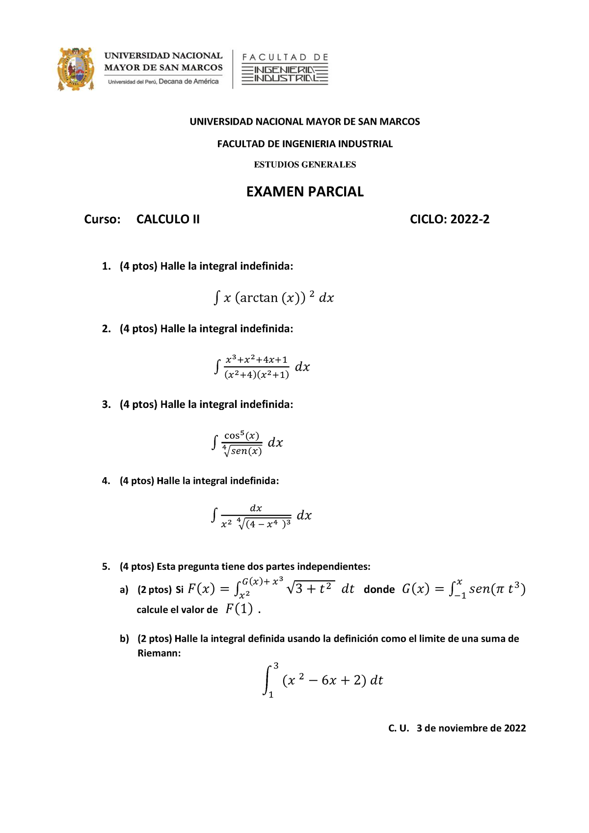 Examen Parcial Calculo II 2022-2 - UNIVERSIDAD NACIONAL MAYOR DE SAN ...