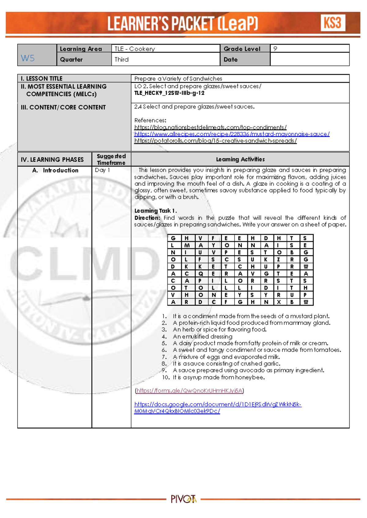 TLE Cookery 9 Week5 - W 5 Learning Area TLE - Cookery Grade Level 9 ...