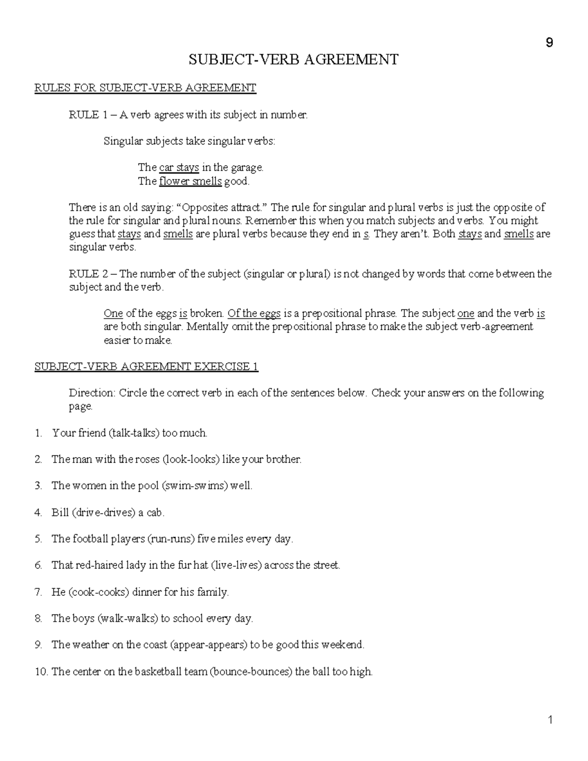 Subject Verb Agreement - SUBJECT-VERB AGREEMENT RULES FOR SUBJECT-VERB ...