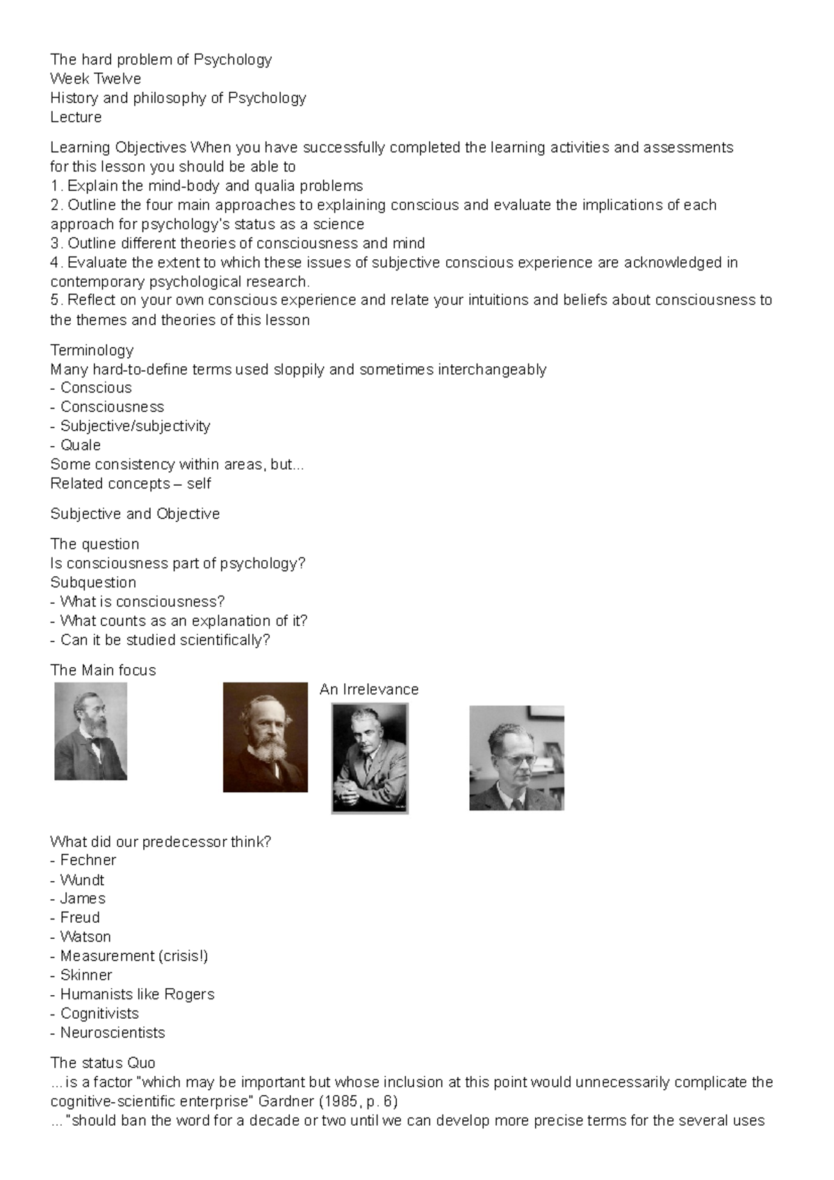 The hard problem of Psychology- Week twelve- Lecture- History of psy ...