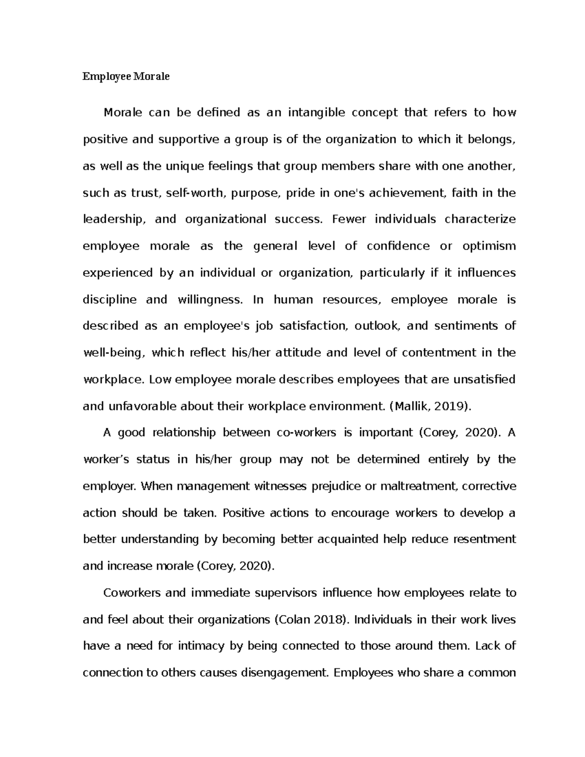 Employee Morale none Employee Morale Morale can be defined as an