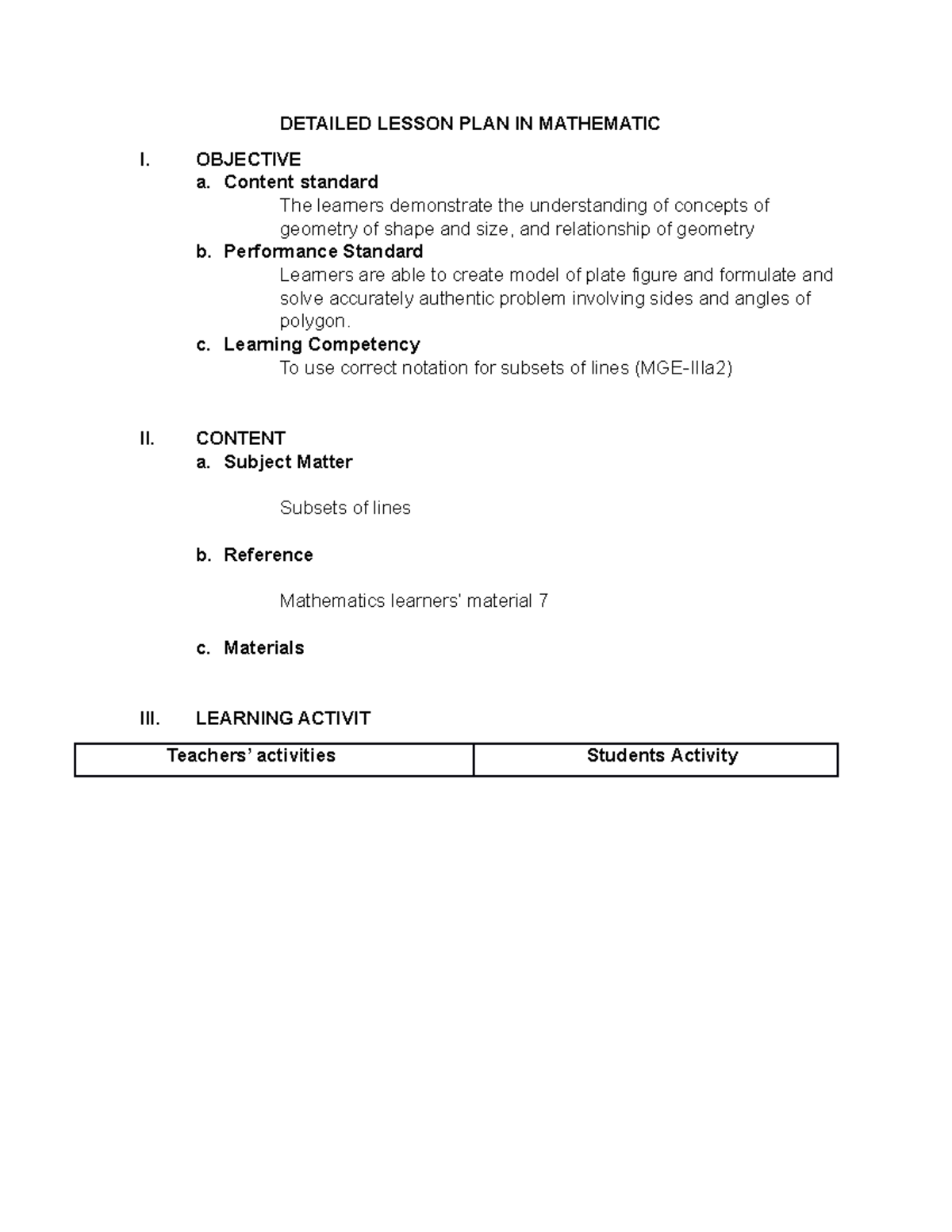 Subset of a line - be more joy - DETAILED LESSON PLAN IN MATHEMATIC I ...