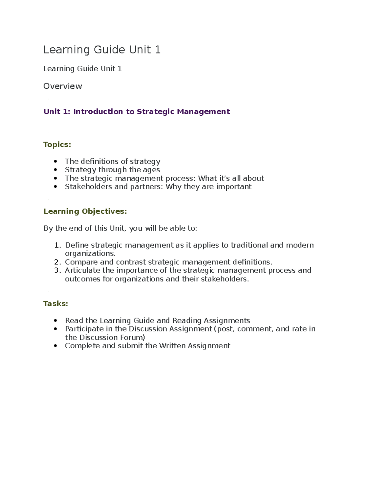 Learning Guide Unit 1 - Compare and contrast strategic management ...
