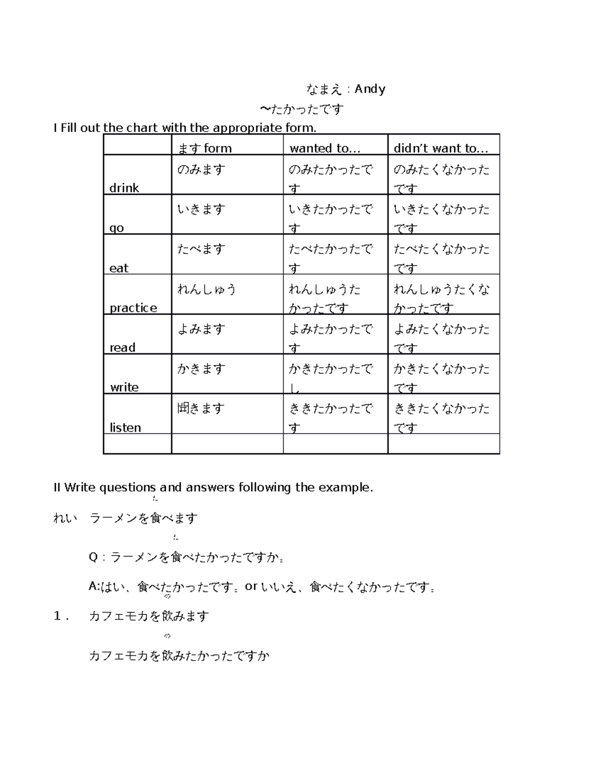 たかったですworksheet - なまえ：Andy 〜たかったです I Fill out the chart with the ...