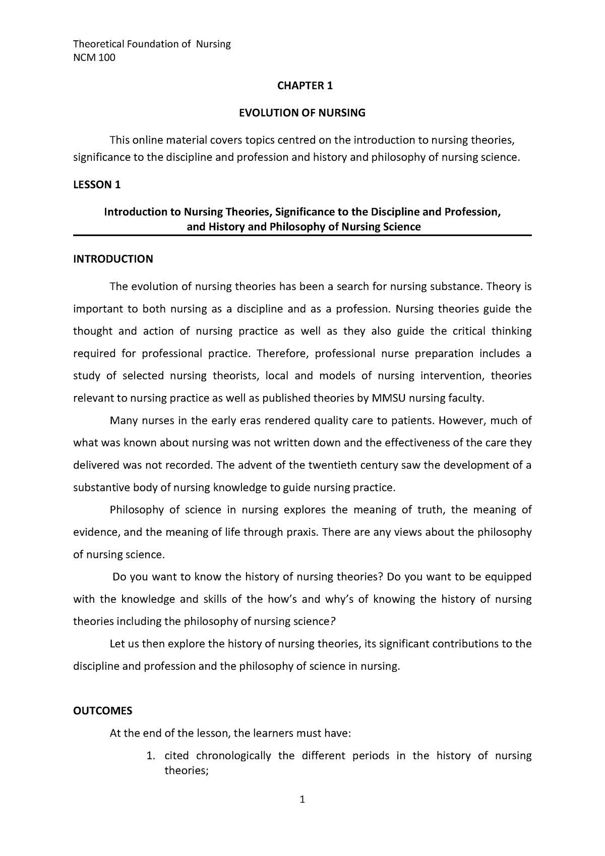 Chapter 1 Lesson 1 - Theoretical Foundations In Nursing - NCM 100 ...