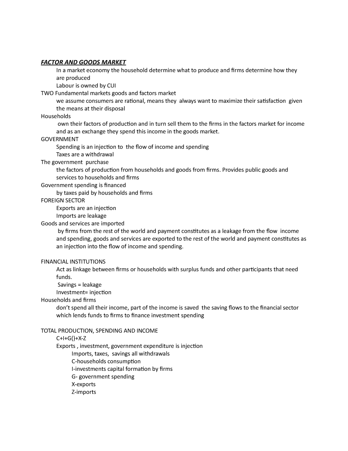 ECS1601-economics Notes - FACTOR AND GOODS MARKET In A Market Economy ...