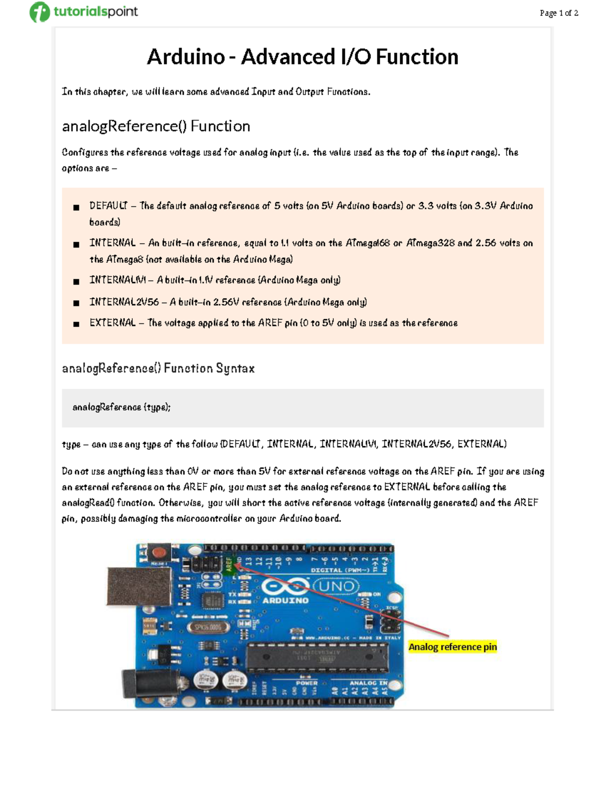Arduino - Advanced I O Function - Page 1 of 2 Arduino - Advanced I/O ...