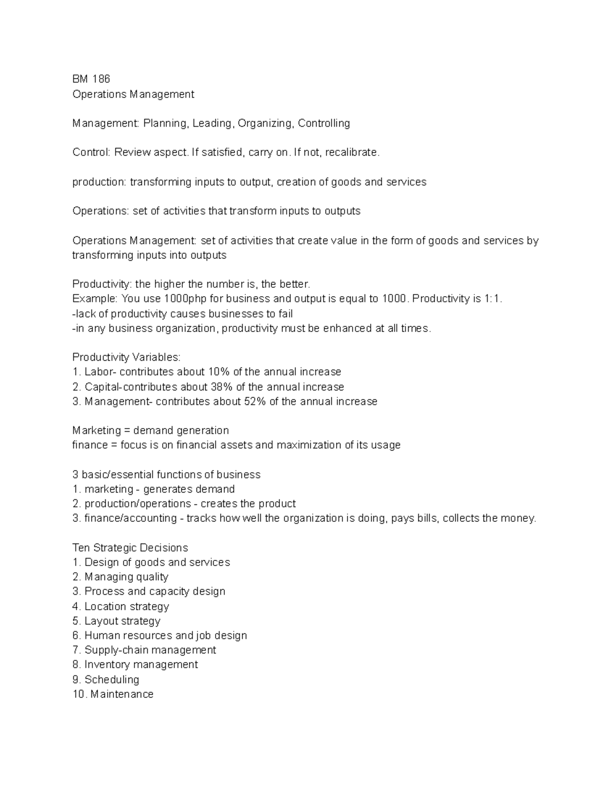 BM 186 Notes - BM 186 Operations Management Management: Planning ...