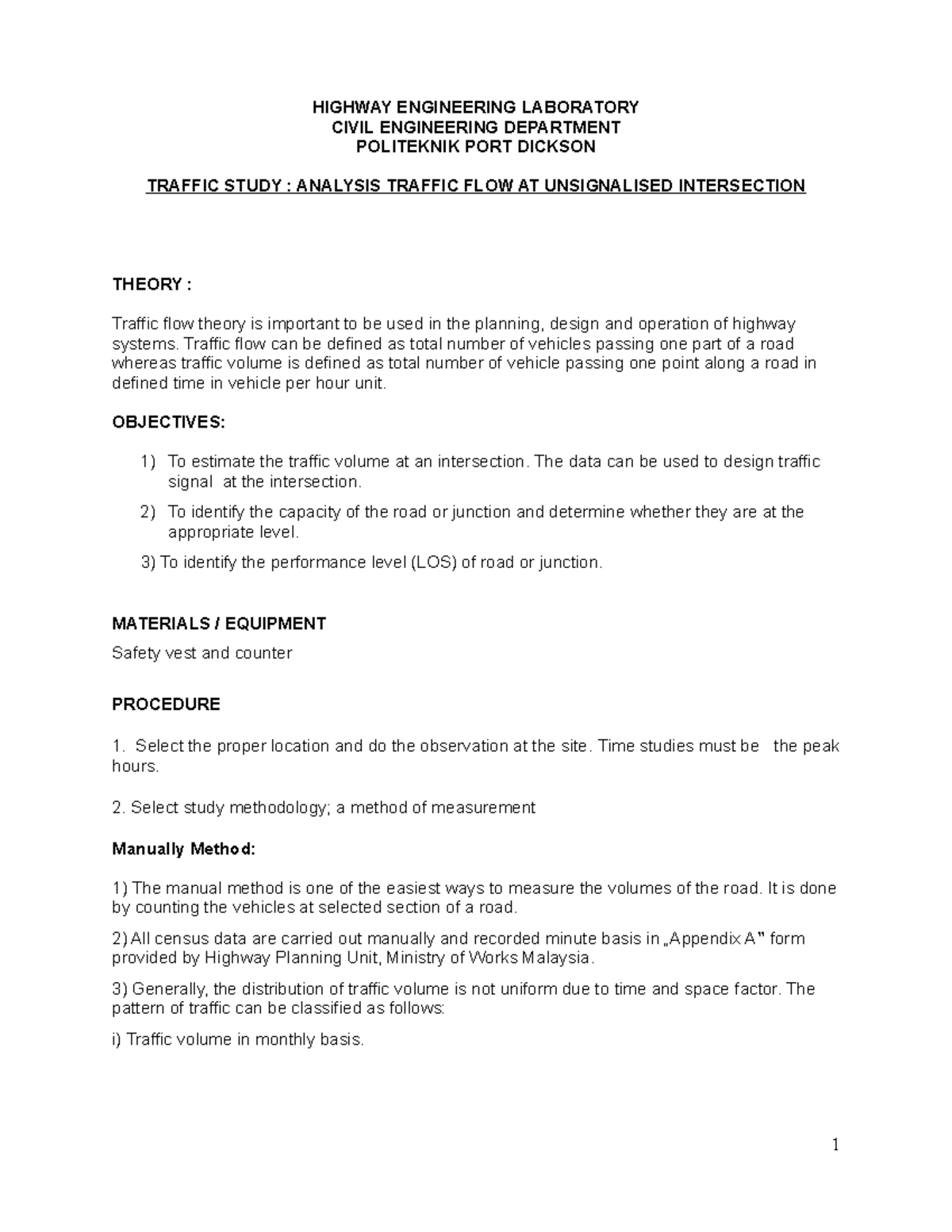 Volume Study - Nothing - HIGHWAY ENGINEERING LABORATORY CIVIL ...