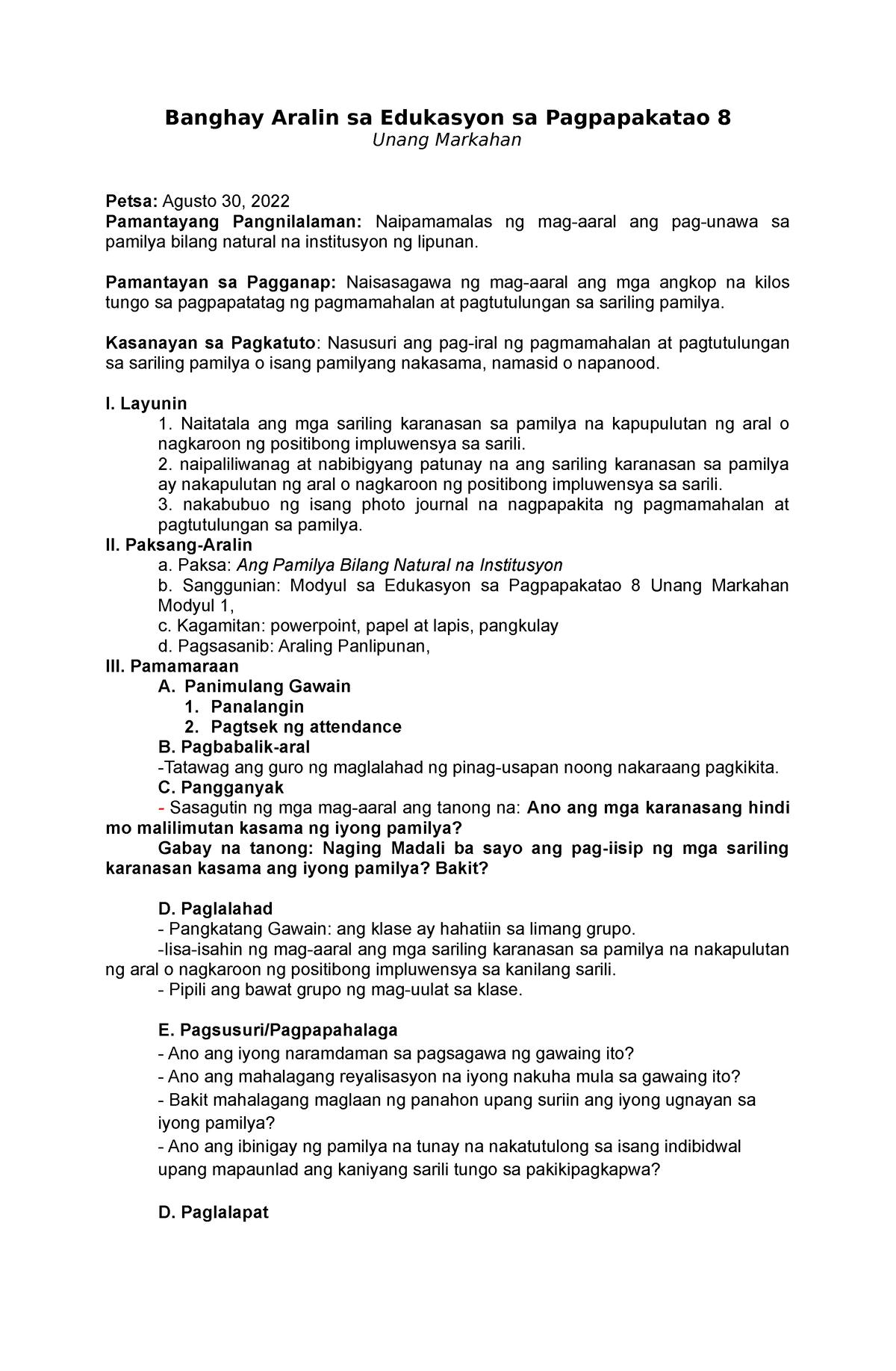 Banghay Aralin Sa Es P 8 L2 Banghay Aralin Sa Edukasyon Sa Pagpapakatao 8 Unang Markahan 2781