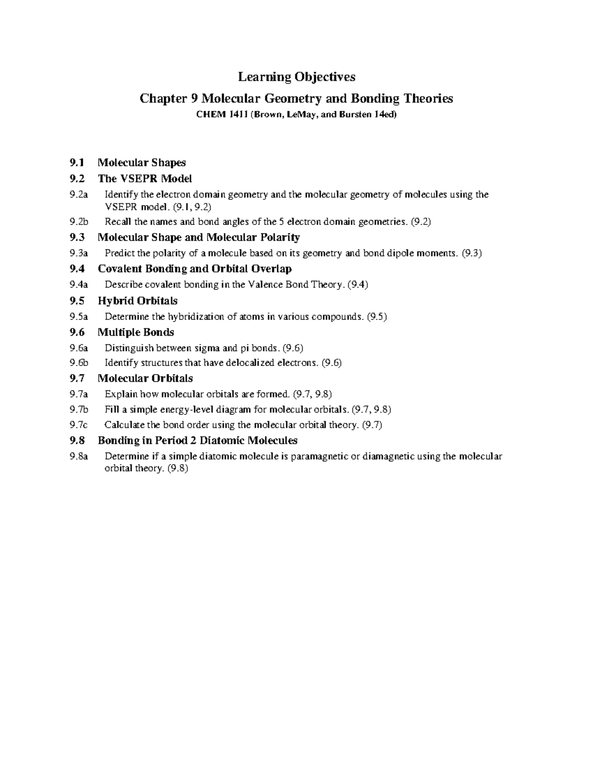 Learning Objectives CHEM 1411 14th chap 9 - Learning Objectives Chapter ...