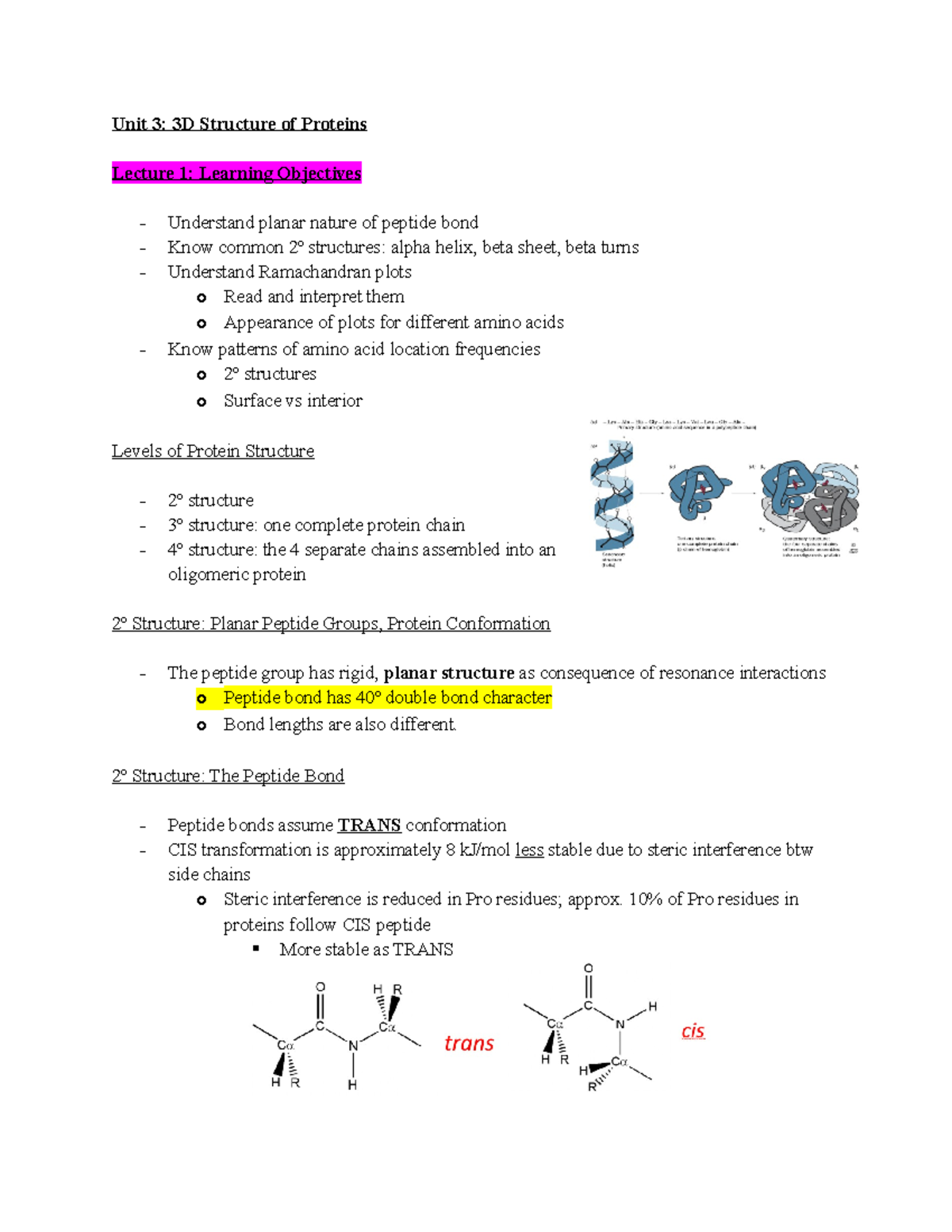 MT 2 Biomolecules Lecture notes all past MT 1 Unit 3 3D Structure