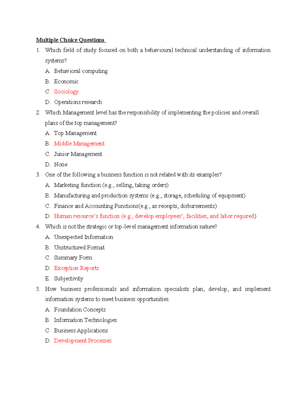 0- 10 MIS Questions - Multiple Choice Questions Which field of study ...