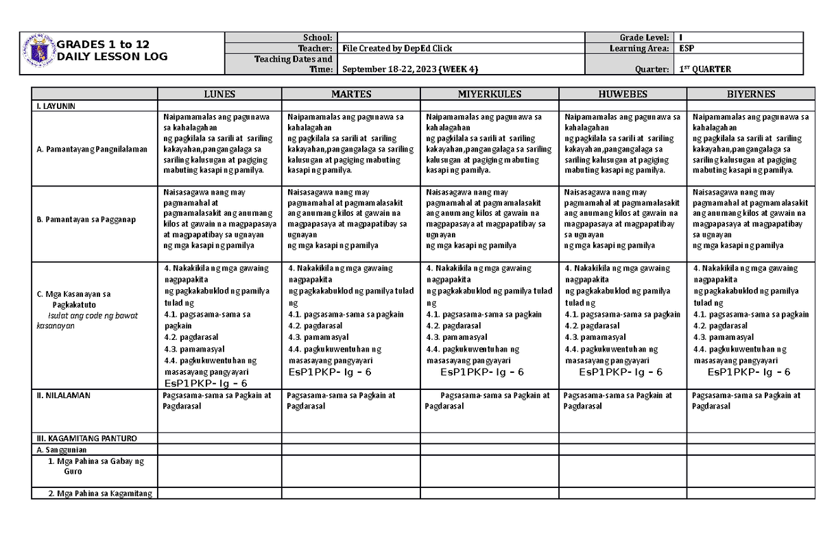 DLL ESP 1 Q1 W4 - Daily lesson log - GRADES 1 to 12 DAILY LESSON LOG ...