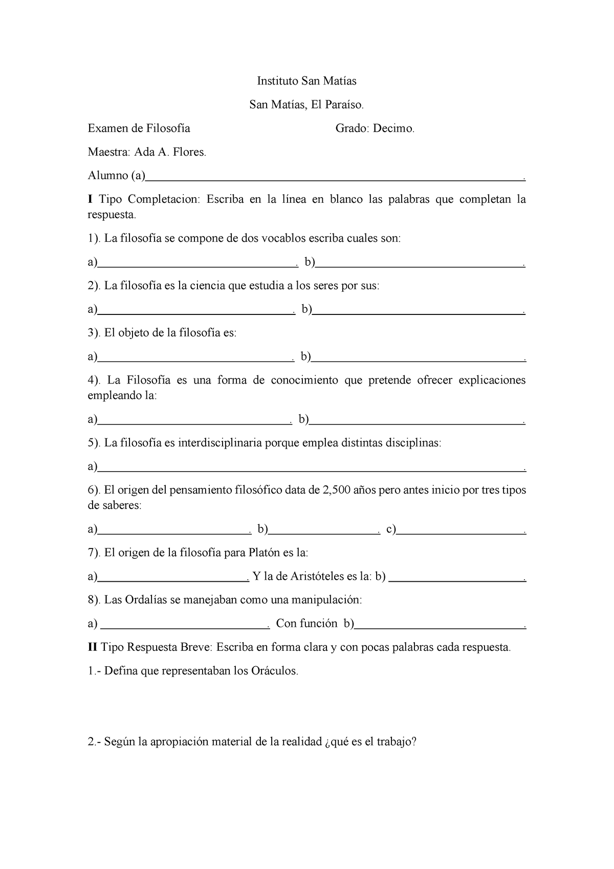 Examen De Filosofia Decimo - Instituto San Matías San Matías, El ...