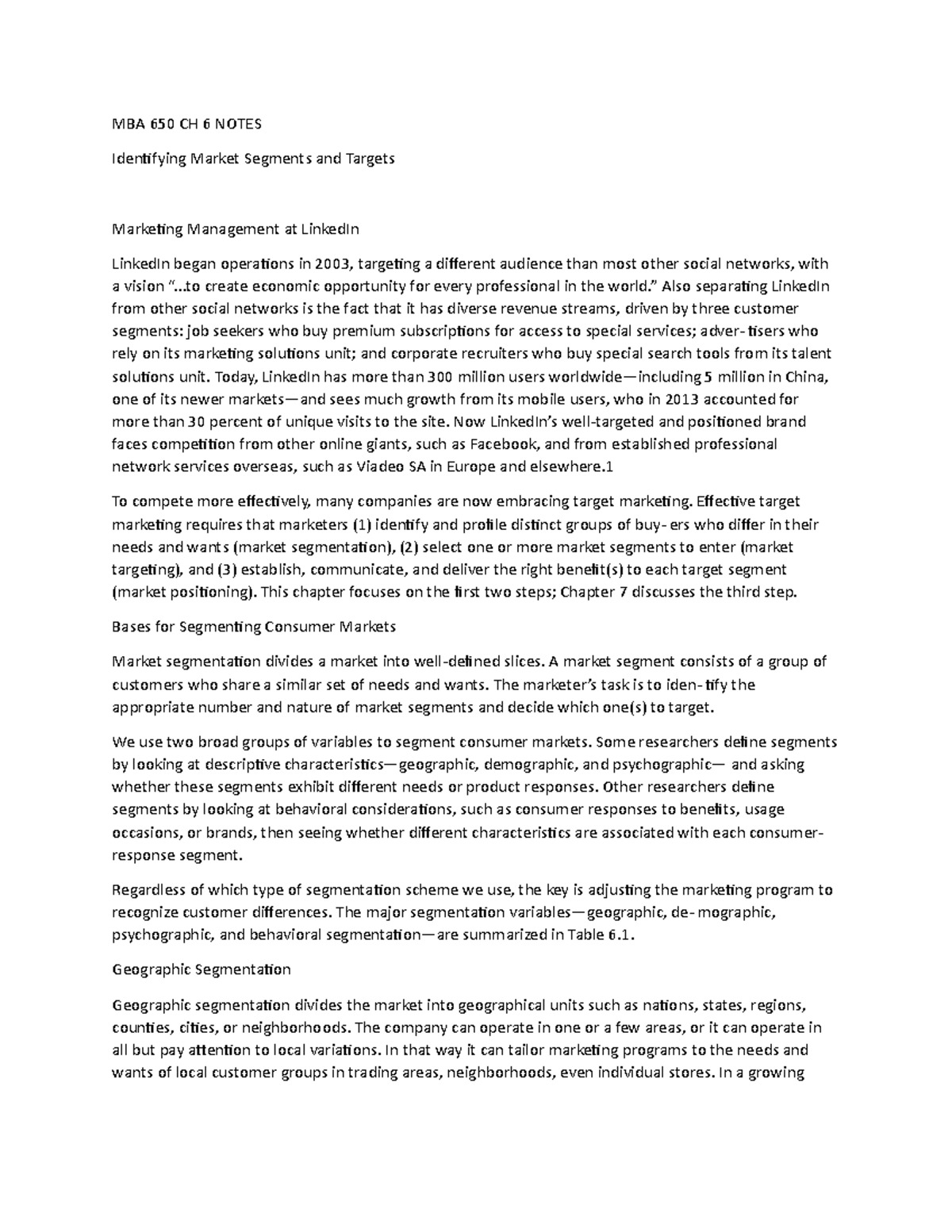 MBA 650 CH 6 notes - MBA 650 CH 6 NOTES Identifying Market Segments and ...